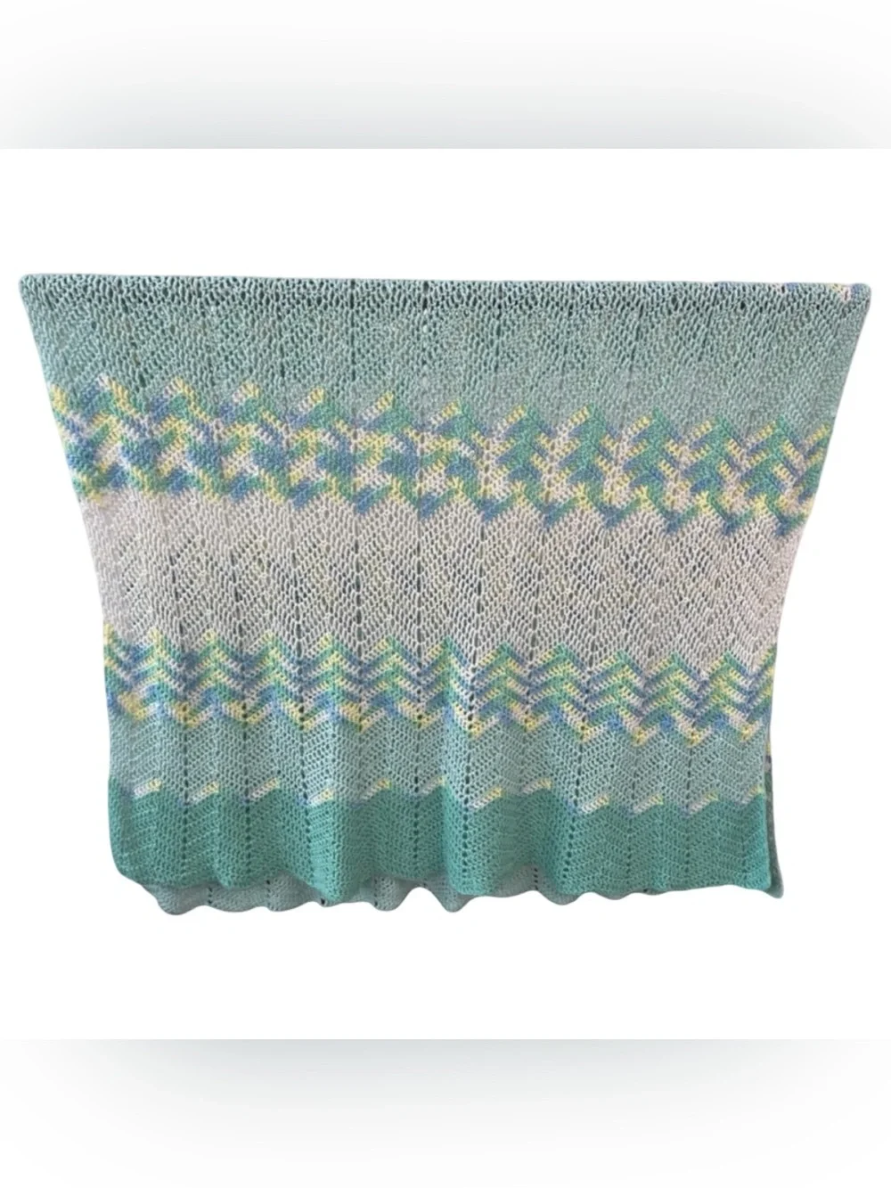 Handmade Pastel Chevron Throw Blanket - Blue & Green Ripple Knit Afghan